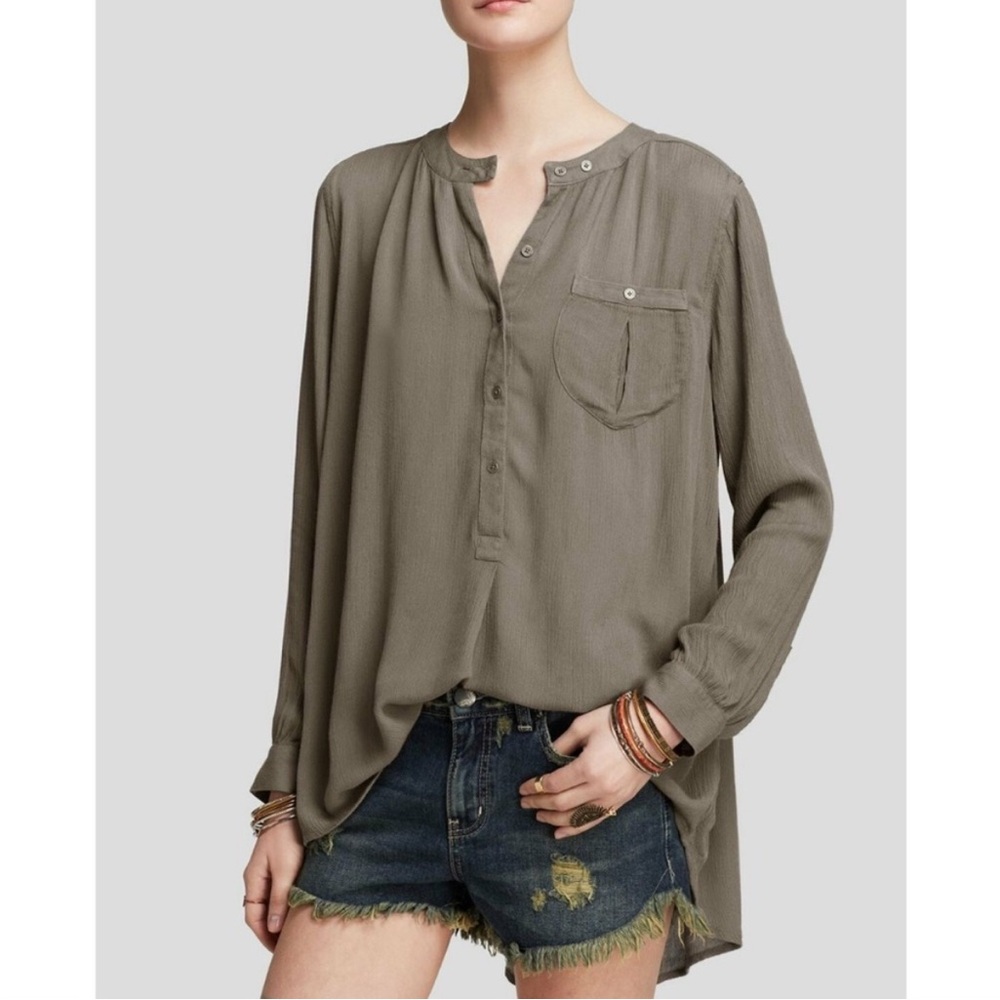 Free People High Low Button Down Shirt Tunic Olive Sage Green